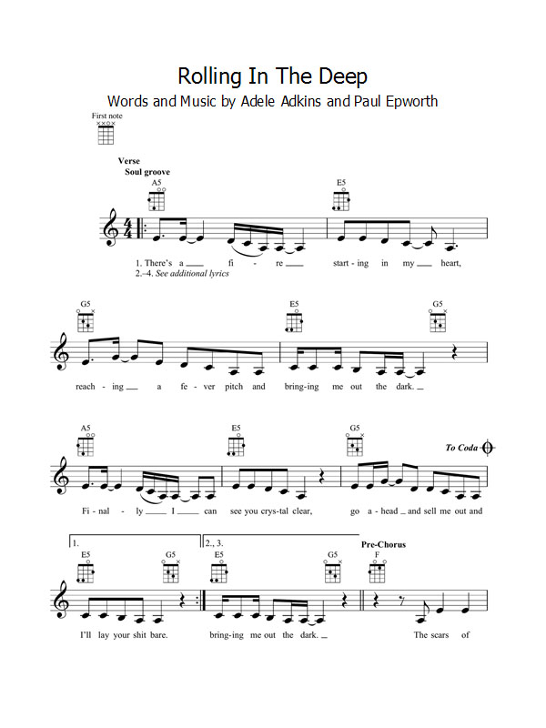 Adele "Rolling in the deep" ukulele sheet music