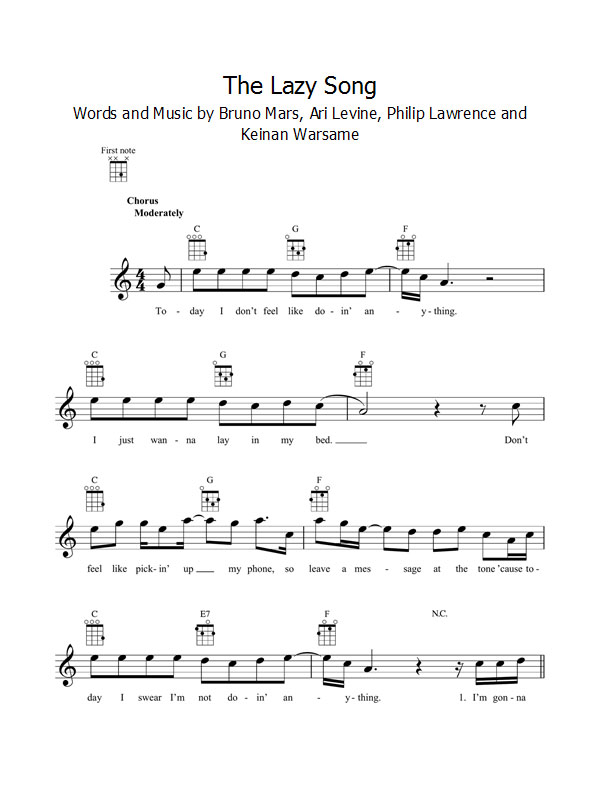 Bruno Mars "The lazy song" sheet music for ukulele