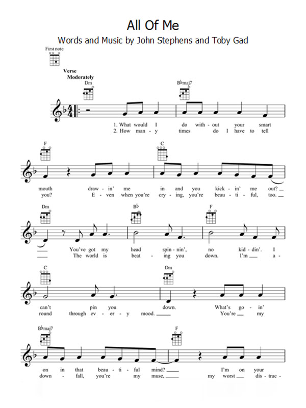 John Legend "All of me" ukulele sheet music